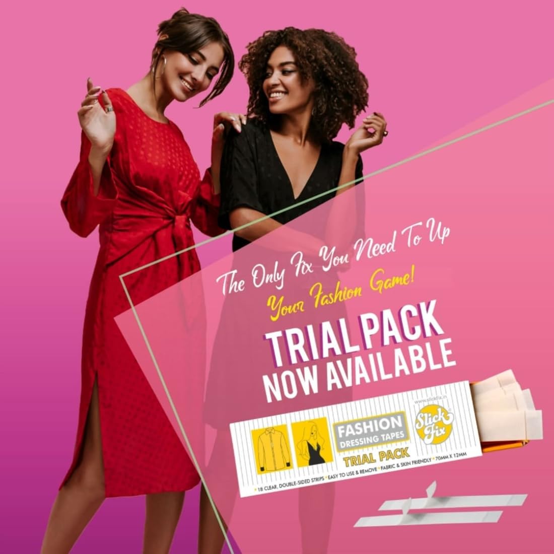 SlickFix Fashion Dressing Tape Trial Pack (Pack of 18) Invisible Double-sided Body Tape (Fabric and Skin Friendly) Strong Adhesive for all day use | Transparent - Image 9
