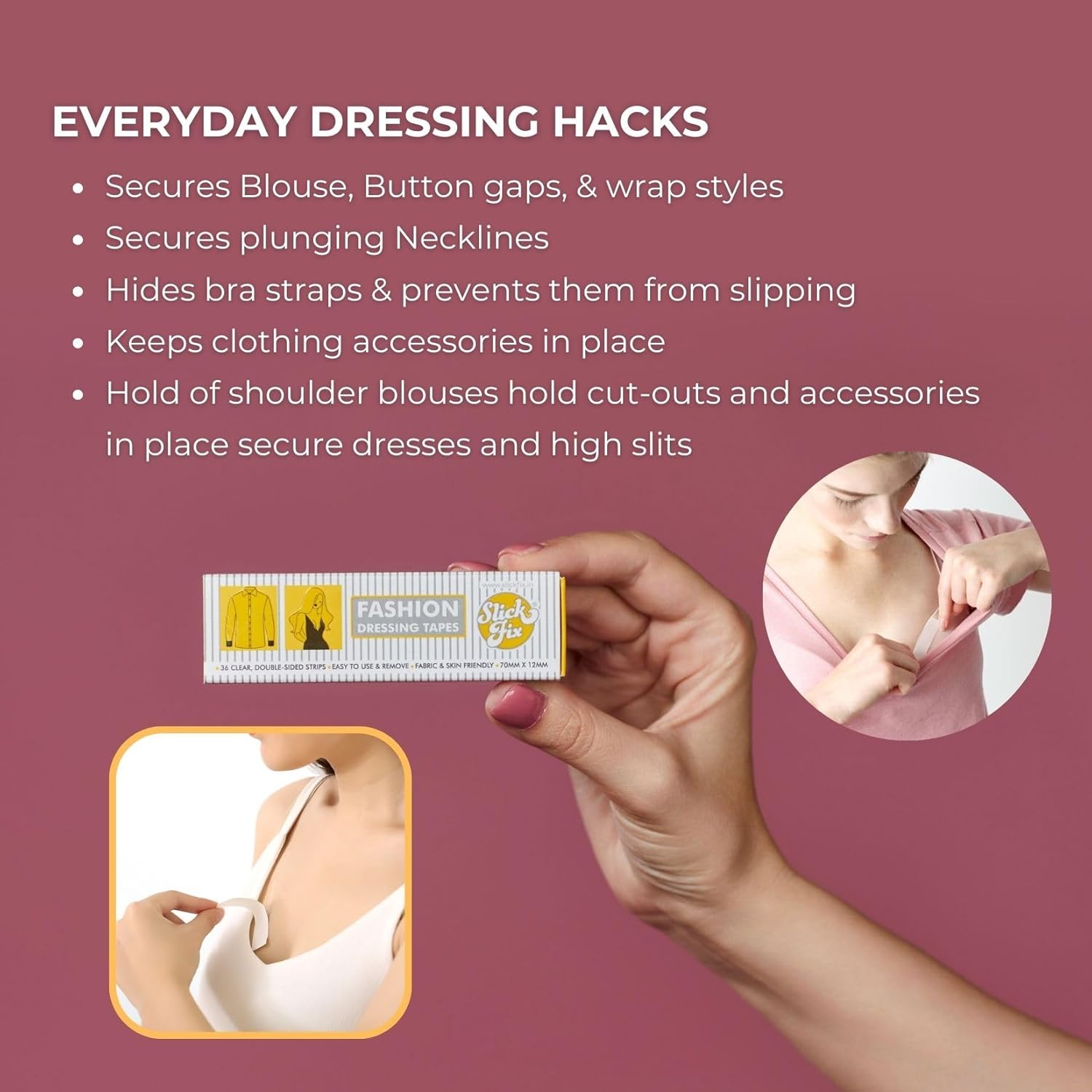 SlickFix Fashion Dressing Tape Trial Pack (Pack of 18) Invisible Double-sided Body Tape (Fabric and Skin Friendly) Strong Adhesive for all day use | Transparent - Image 4