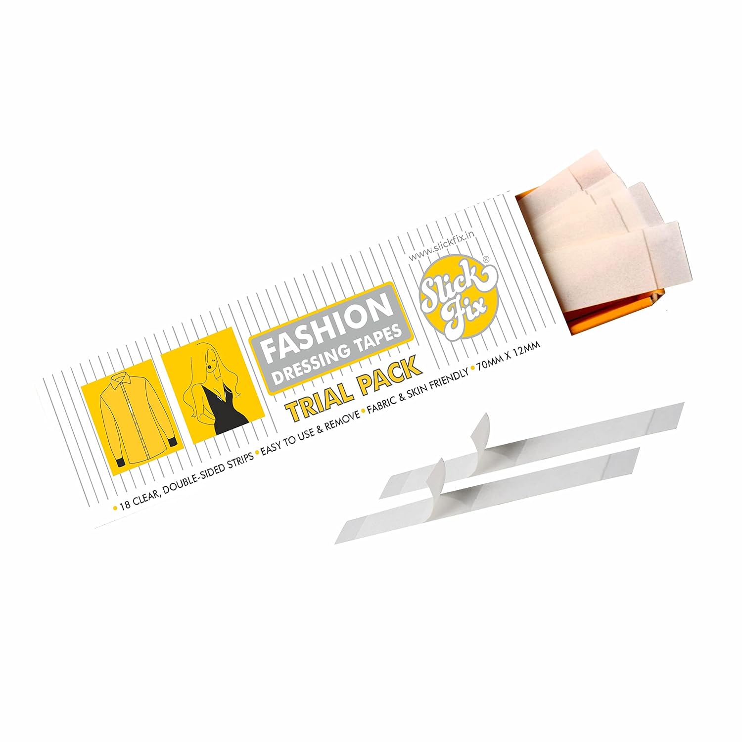 SlickFix Fashion Dressing Tape Trial Pack (Pack of 18) Invisible Double-sided Body Tape (Fabric and Skin Friendly) Strong Adhesive for all day use | Transparent - Image 2